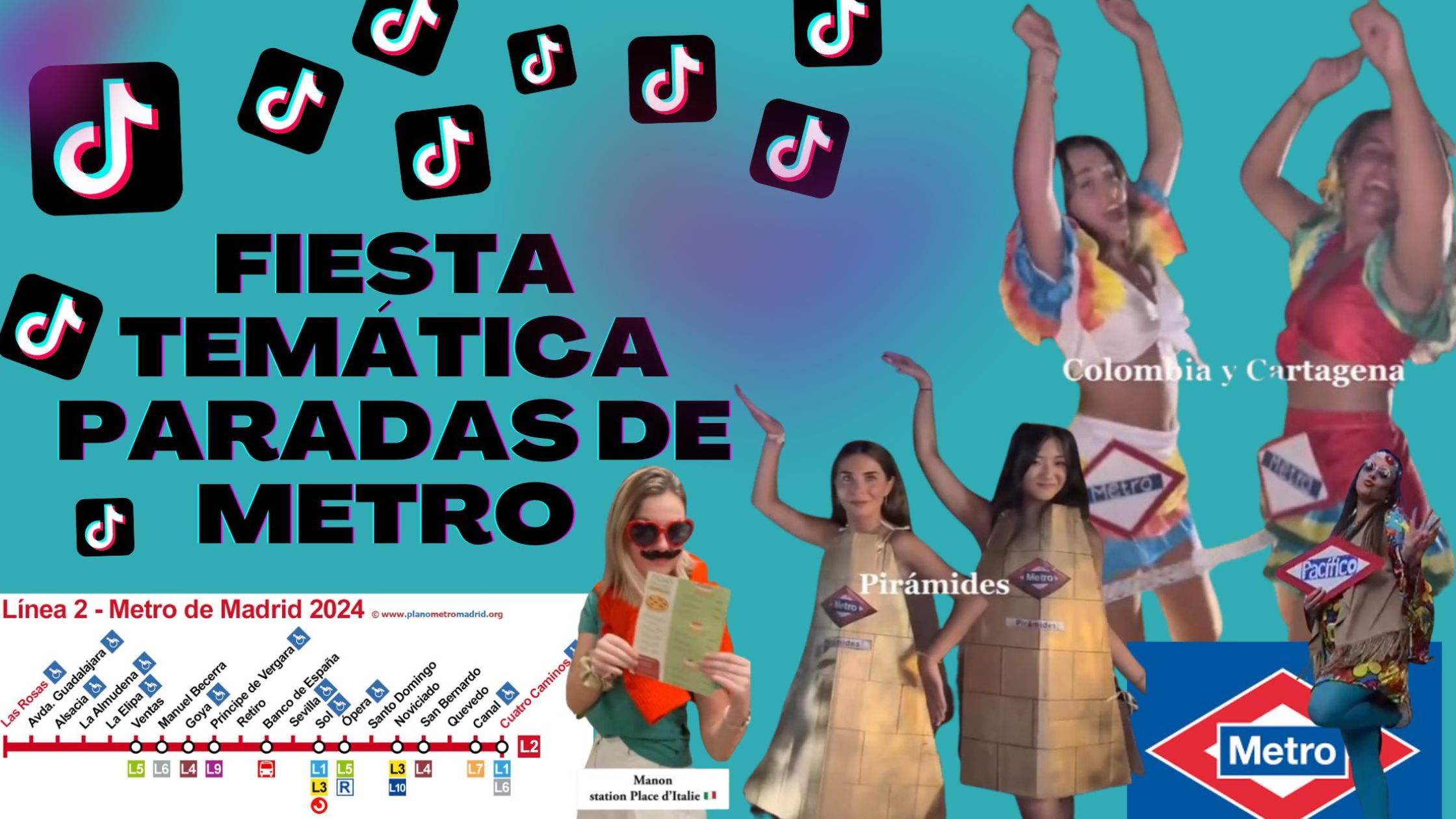 Ideas para organizar una fiesta temática basada en las paradas de metro de un ciudad, como ejemplo ponemos imágenes del metro de Madrid: Piramides, Colombia, Cartagena, Pacífico, Sol...