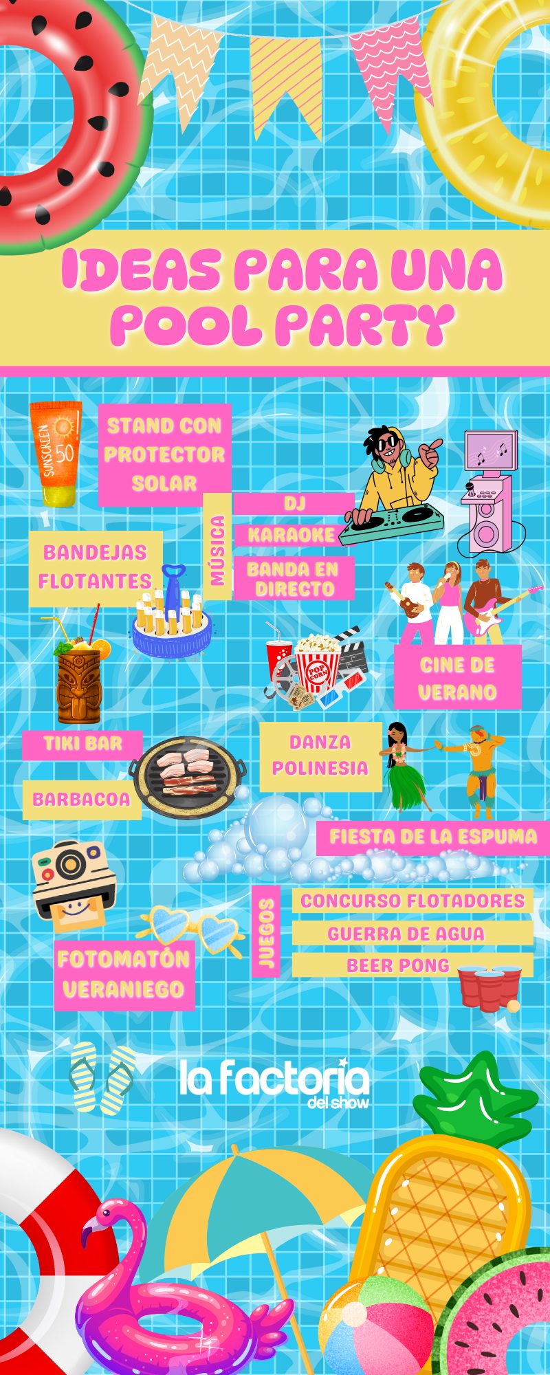 infografia con ideas para organizar una pool party (fiesta en la piscina)