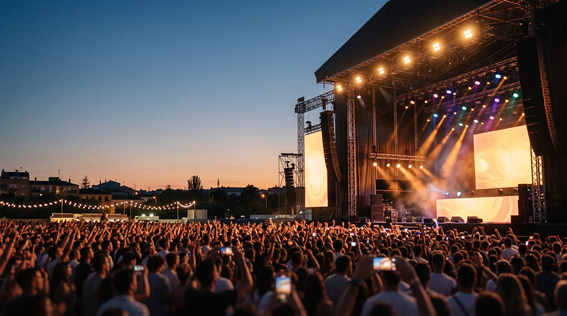 Concierto al aire libre en las fiestas de un pueblo al atardecer: un gran escenario con luces y pantallas y el público con las manos en alto